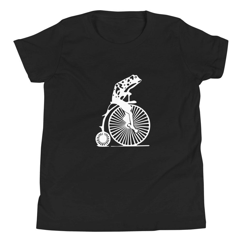 Frog on a Penny Farthing tee (Youth) dark colors