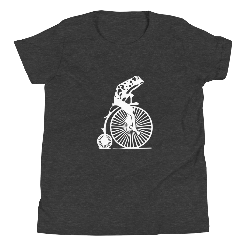 Frog on a Penny Farthing tee (Youth) dark colors