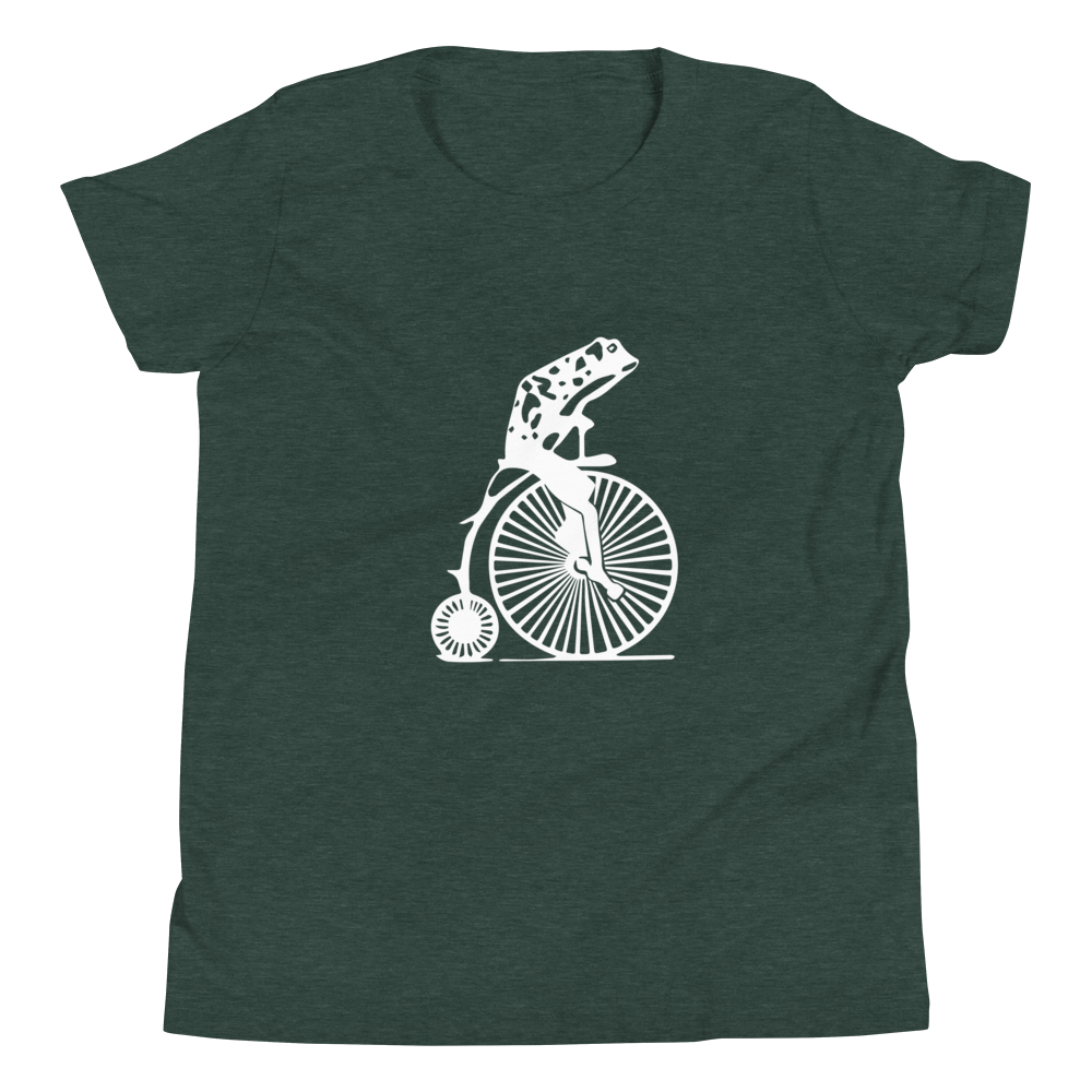 Frog on a Penny Farthing tee (Youth) dark colors