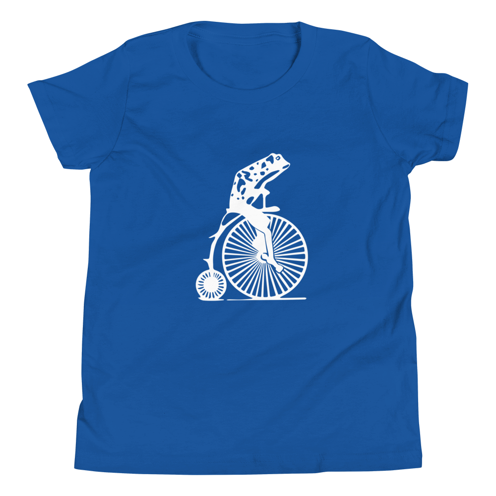 Frog on a Penny Farthing tee (Youth) dark colors